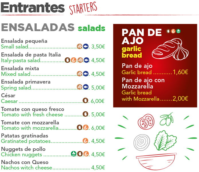 Starters, Ensaladas, Salads, Pan de Ajo, Garlic bread